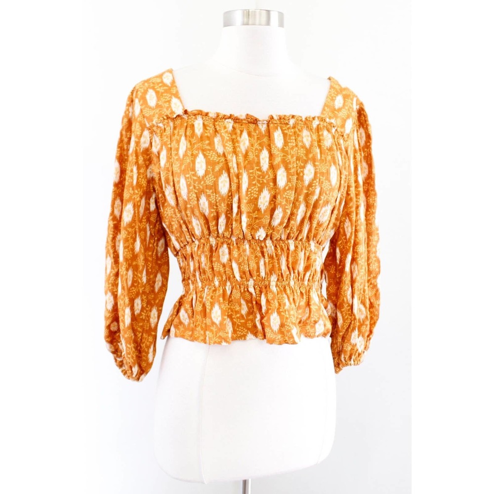 NWT Haute Hippie Orange Floral Print Smocked Cropped Peasant Top Blouse Size XS